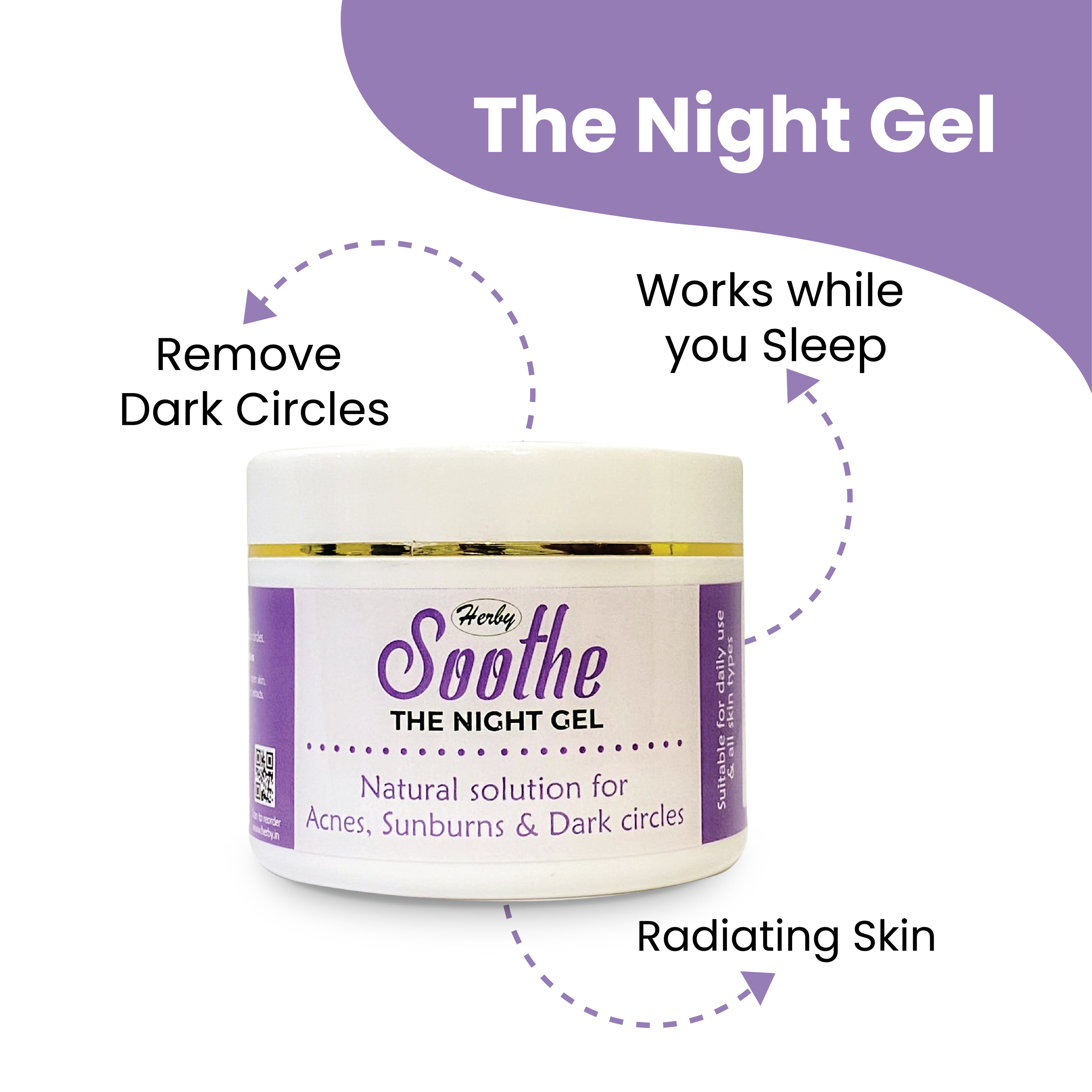 Infographic on Herby Soothe Night Gel showing dark circle removal, overnight action, and radiating skin results.