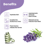 Benefits graphic for Herby Soothe Night Gel showing skin hydration, sunburn relief, and relaxing floral aroma effects.