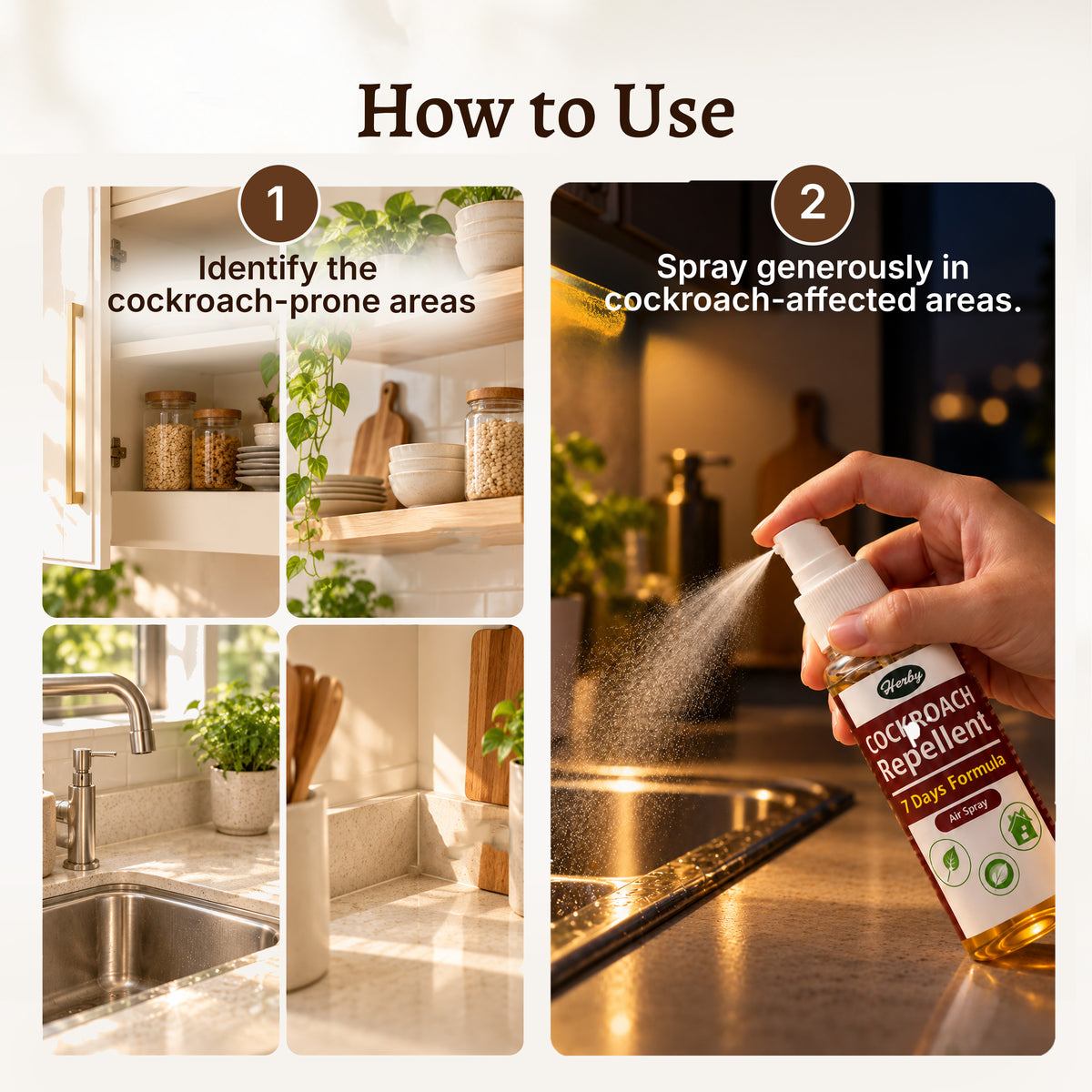 Instructions for using Herby cockroach repellent spray