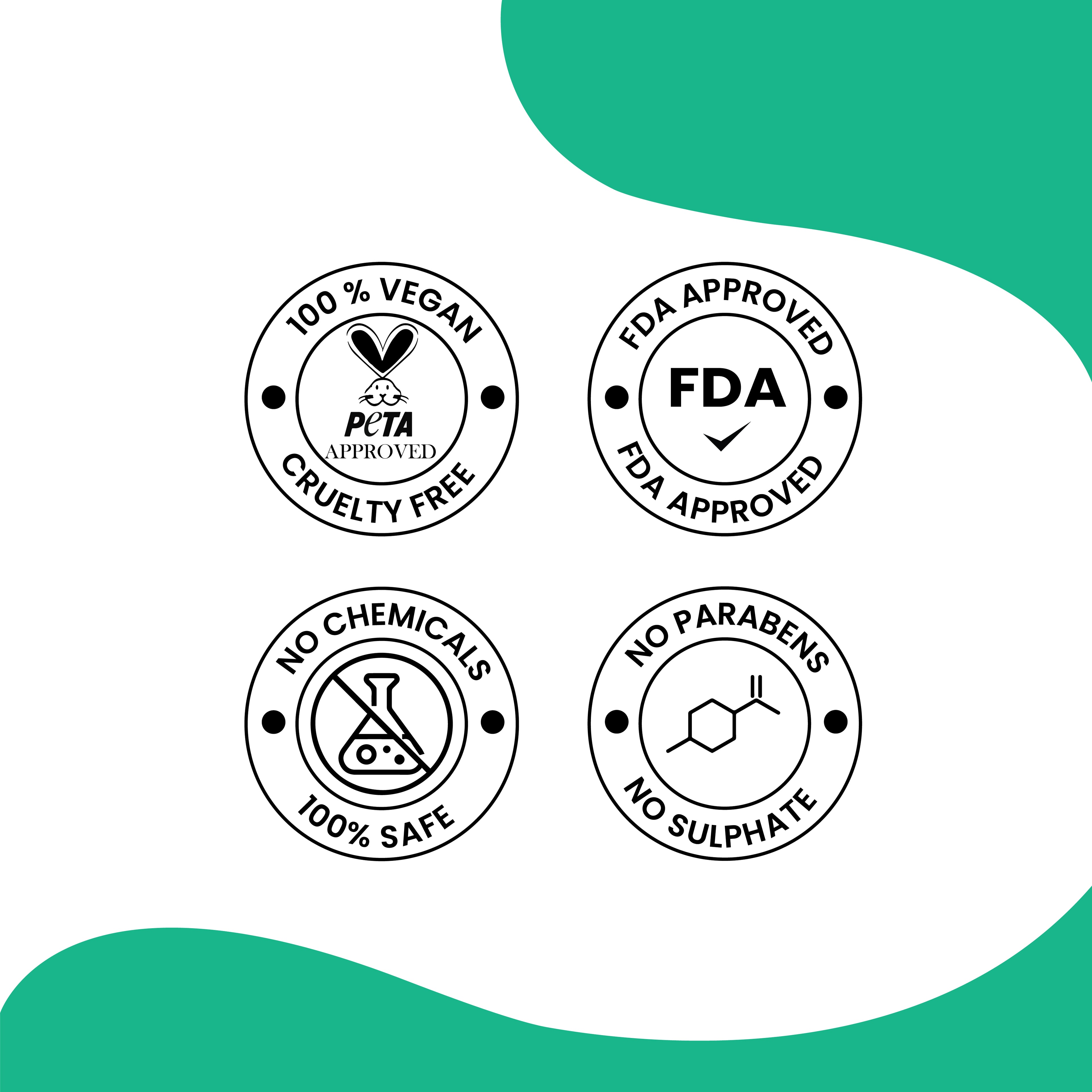 Herby InBetween De-Tan certification graphic featuring quality, FDA and cruelty-free style assurance badges.