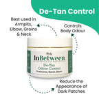 Herby InBetween De-Tan feature graphic highlighting body odor control and care for armpits, elbows, groins and neck.