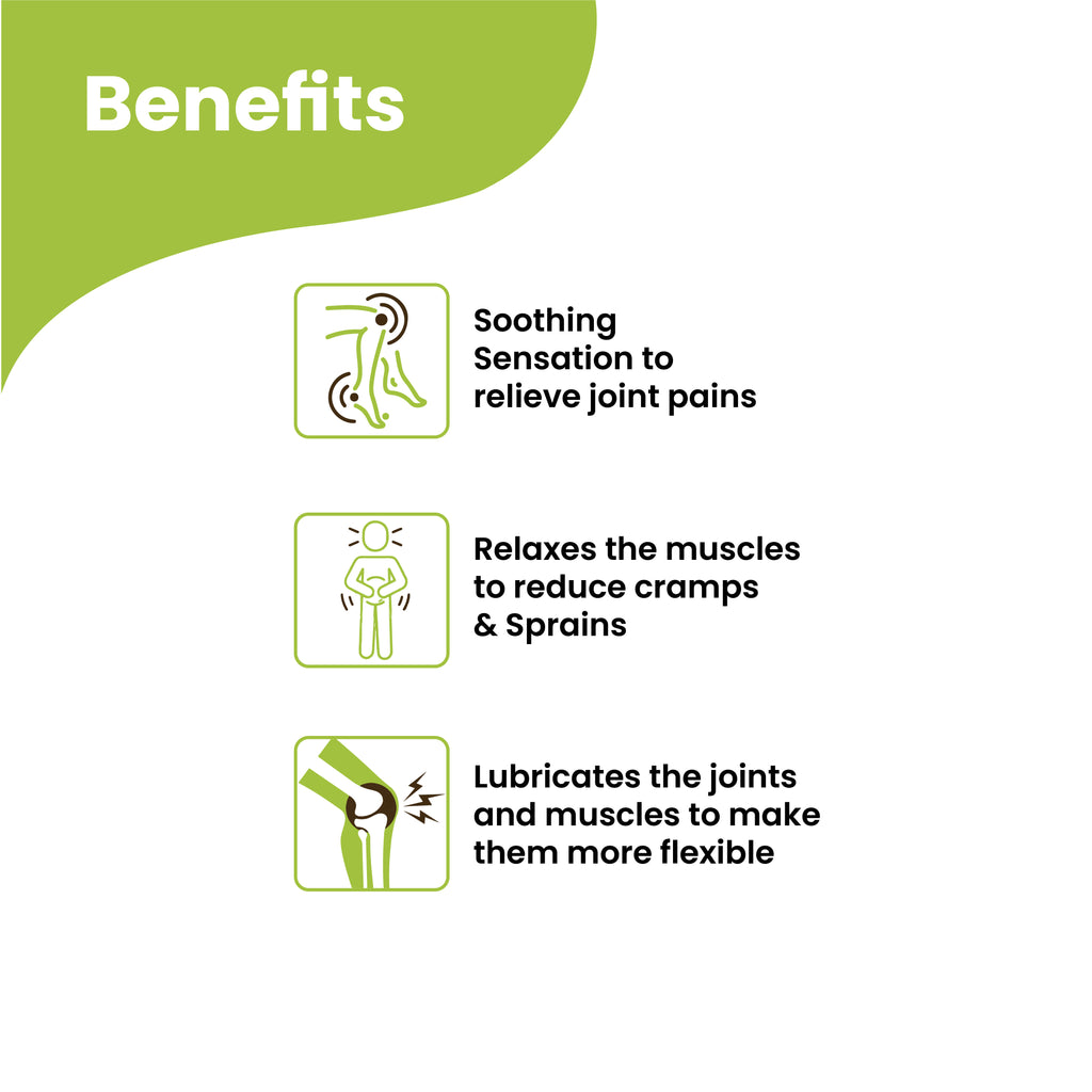 Herby Pain Relief Oil benefits graphic highlighting soothing sensation, muscle relaxation and comfortable movement.