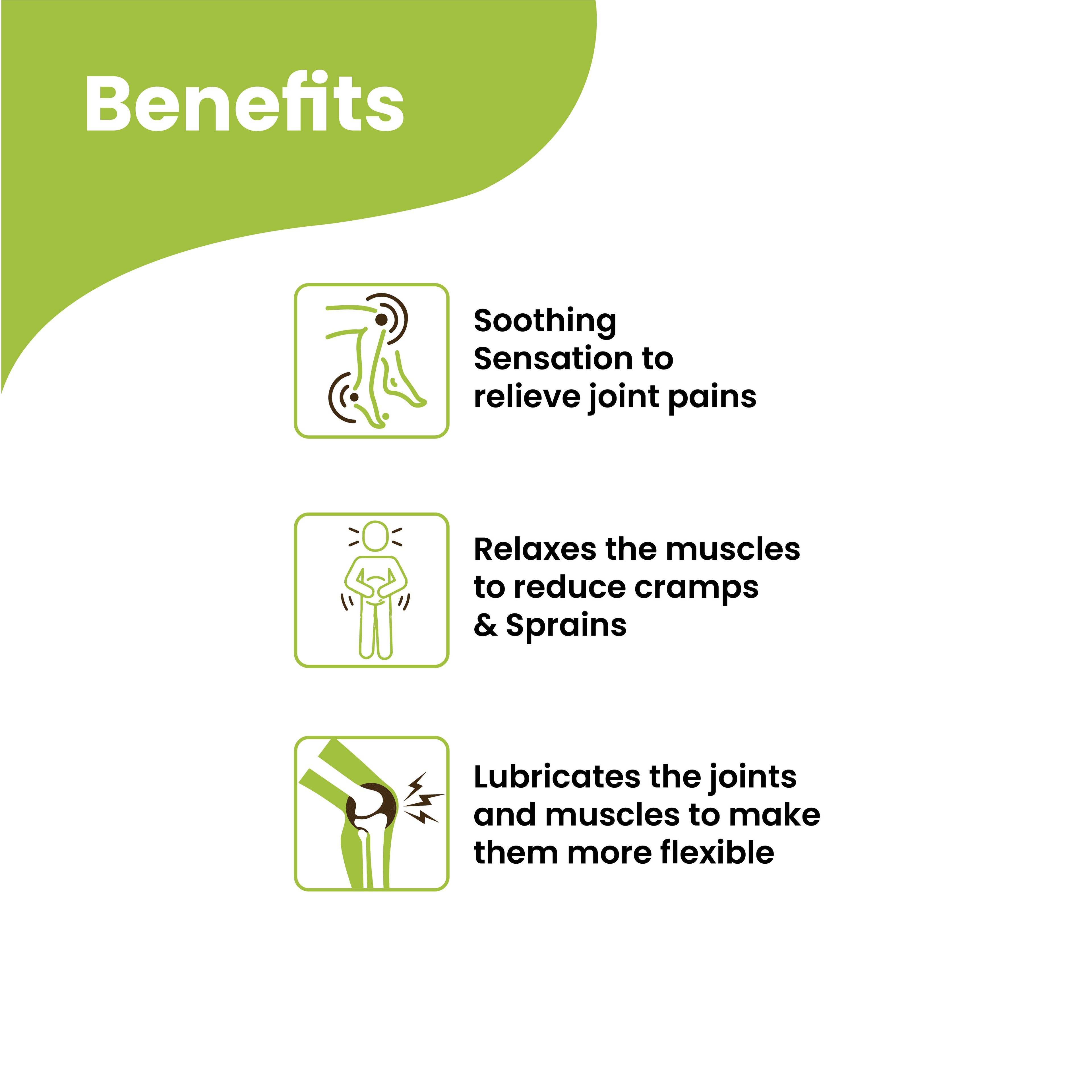 Herby Pain Relief Oil benefits graphic highlighting soothing sensation, muscle relaxation and comfortable movement.