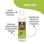 Herby Pain Relief Oil feature graphic highlighting quick absorption and soothing care for muscles and joints.