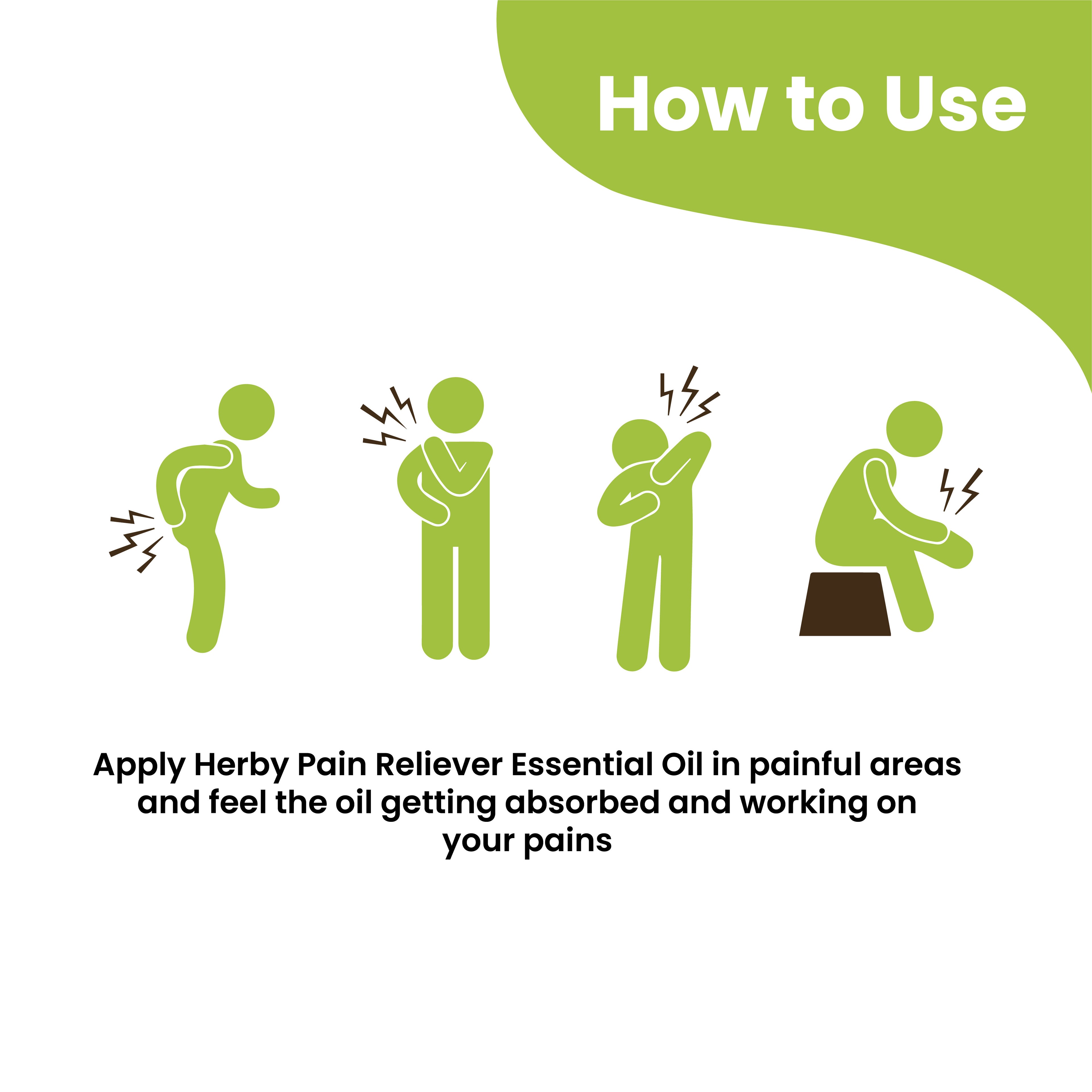 Herby Pain Relief Oil usage guide showing gentle application and massage on areas of muscle and joint discomfort.