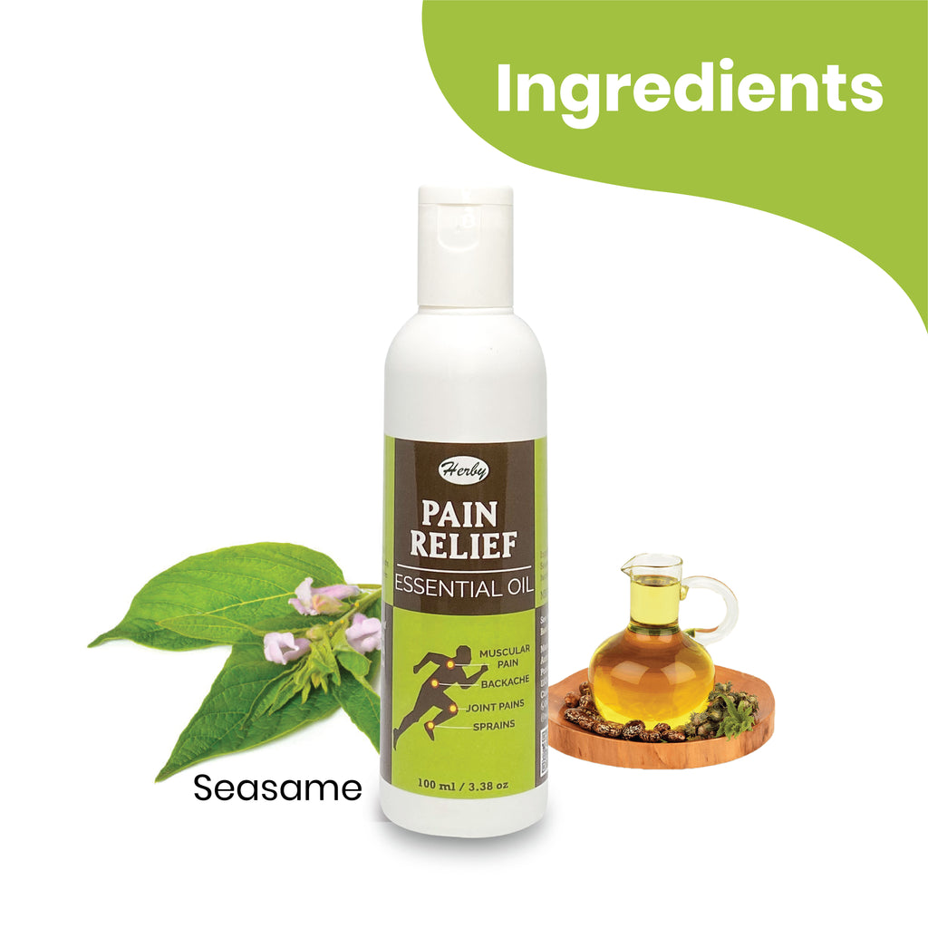 Herby Pain Relief Oil ingredient graphic featuring sesame and herbal ingredients beside two product bottles.
