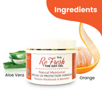 Herby ReFresh day gel ingredient graphic featuring aloe vera and orange beside the white facial moisturizer jar.